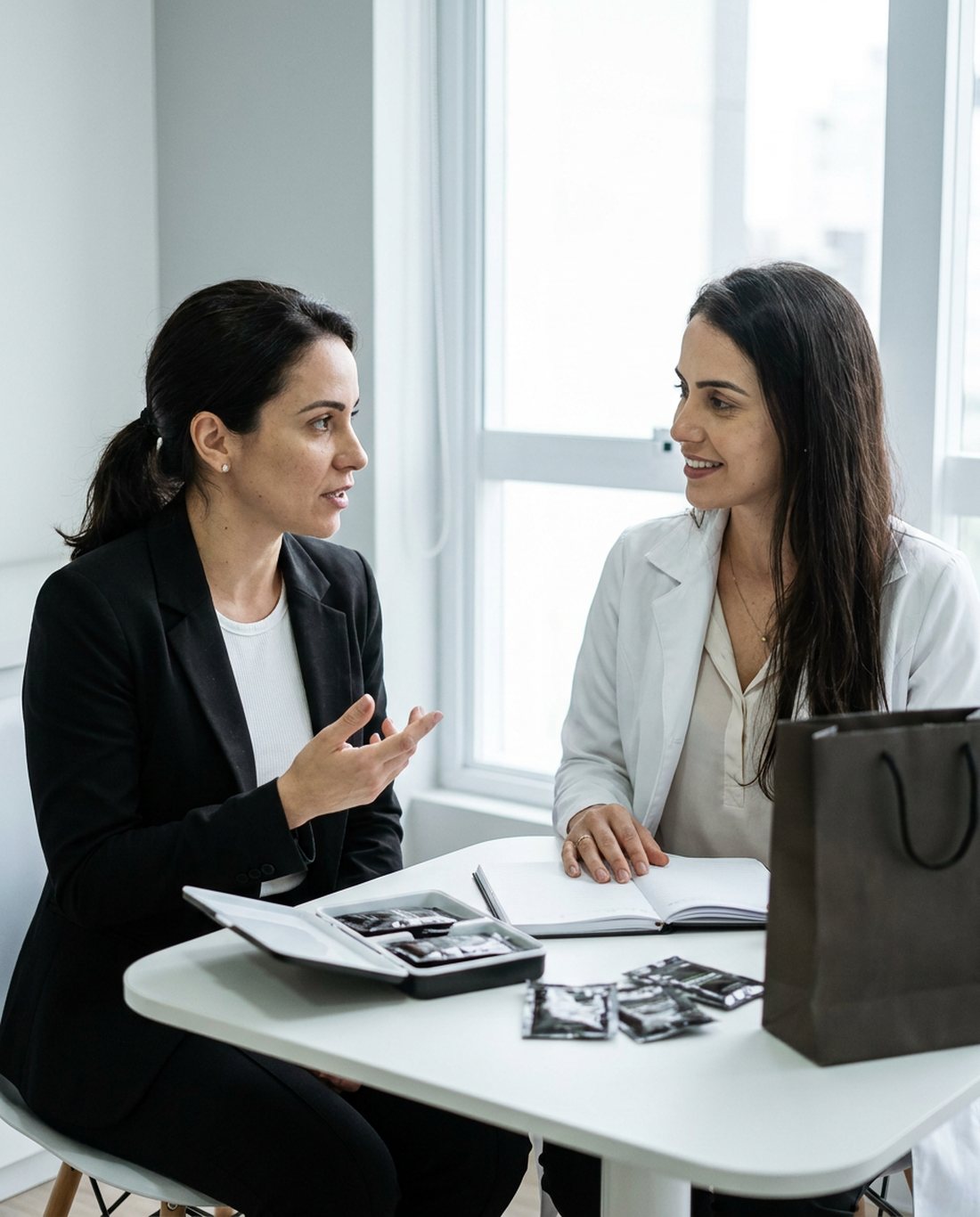 Duas mulheres conversando de frente uma para a outra numa mesa de consultório, com amostras de suplemento espalhadas, uma sacola e um notebook entre elas.